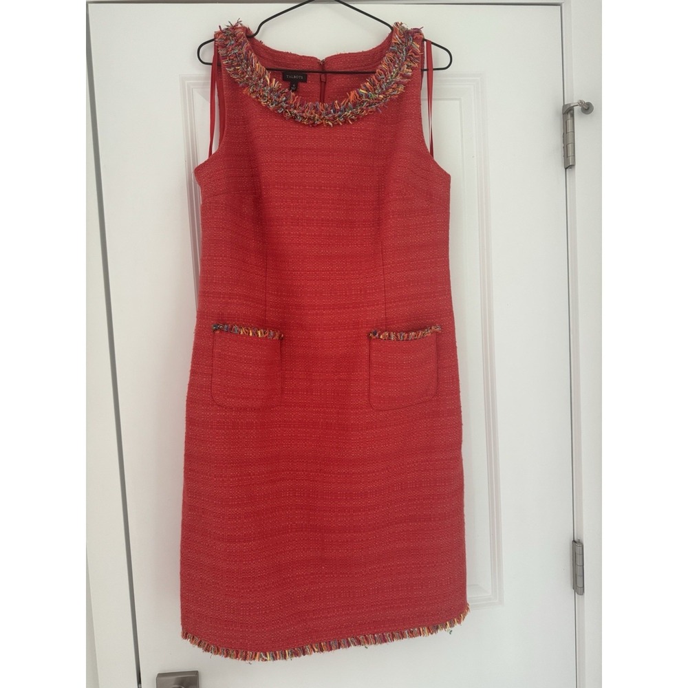 Talbots Tweed Sheath Dress Size 10 Coral Red Fringe Trim Sleeveless Lined Pocket - Picture 2 of 12
